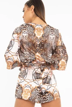 Rebellious Fashion Nude Satin Mix Print Plunge Belted Playsuit - Violet