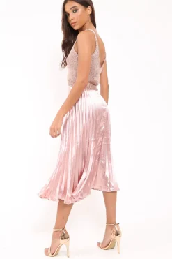Rebellious Fashion Nude Satin Pleated Midi Skirt - Kelyn