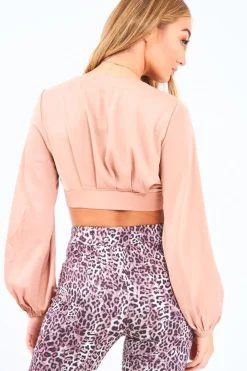 Rebellious Fashion Nude Satin Plunge Crop Blouse - Cailah