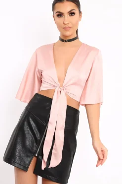 Rebellious Fashion Nude Satin Tie Crop Top - Alara