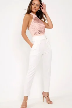 Rebellious Fashion Nude Sequin Caged Halterneck Bodysuit - Aanvi