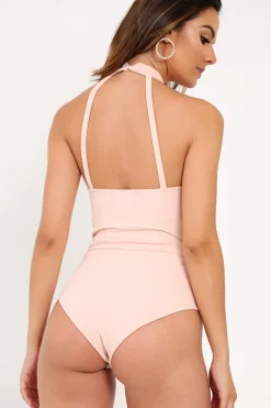 Rebellious Fashion Nude Sequin Caged Halterneck Bodysuit - Aanvi