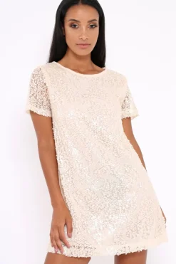 Rebellious Fashion Nude Sequin Oversized Shift Dress - Lilly