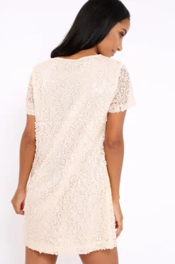 Rebellious Fashion Nude Sequin Oversized Shift Dress - Lilly