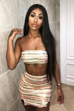 Rebellious Fashion Nude Sequin Stripe Bandeau Mini Skirt Co-Ord - Sidney