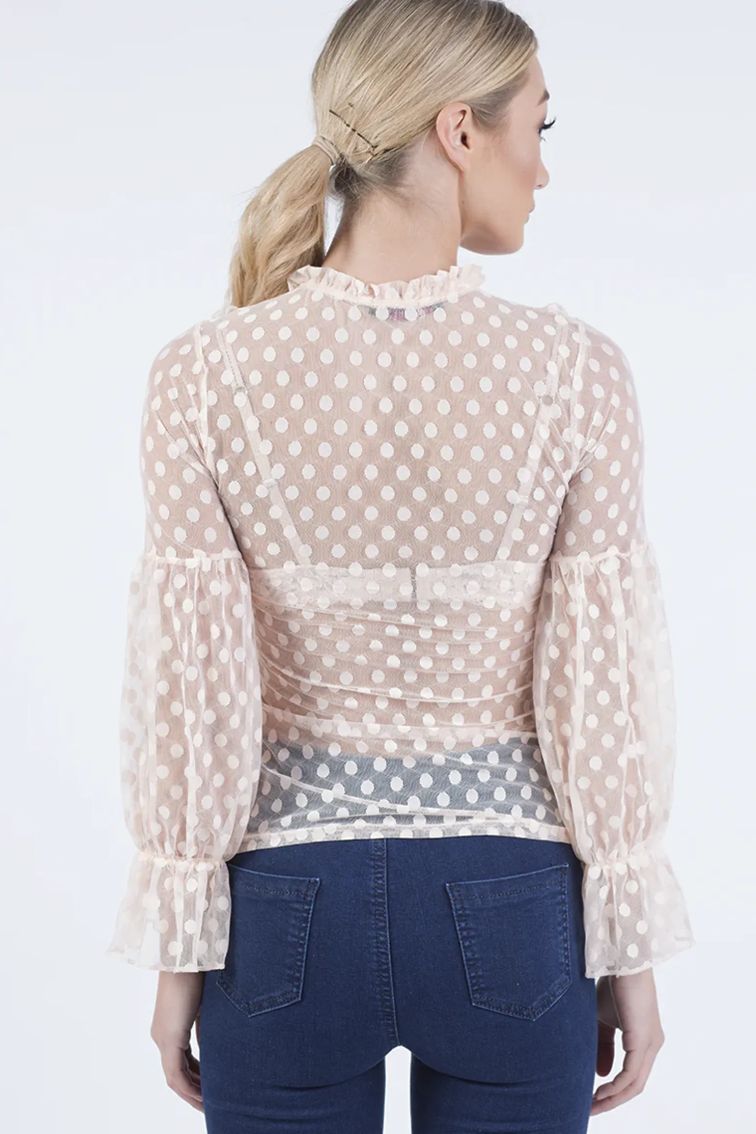 Rebellious Fashion Nude Sheer Polka Dot Frill Blouse - Kaitlin