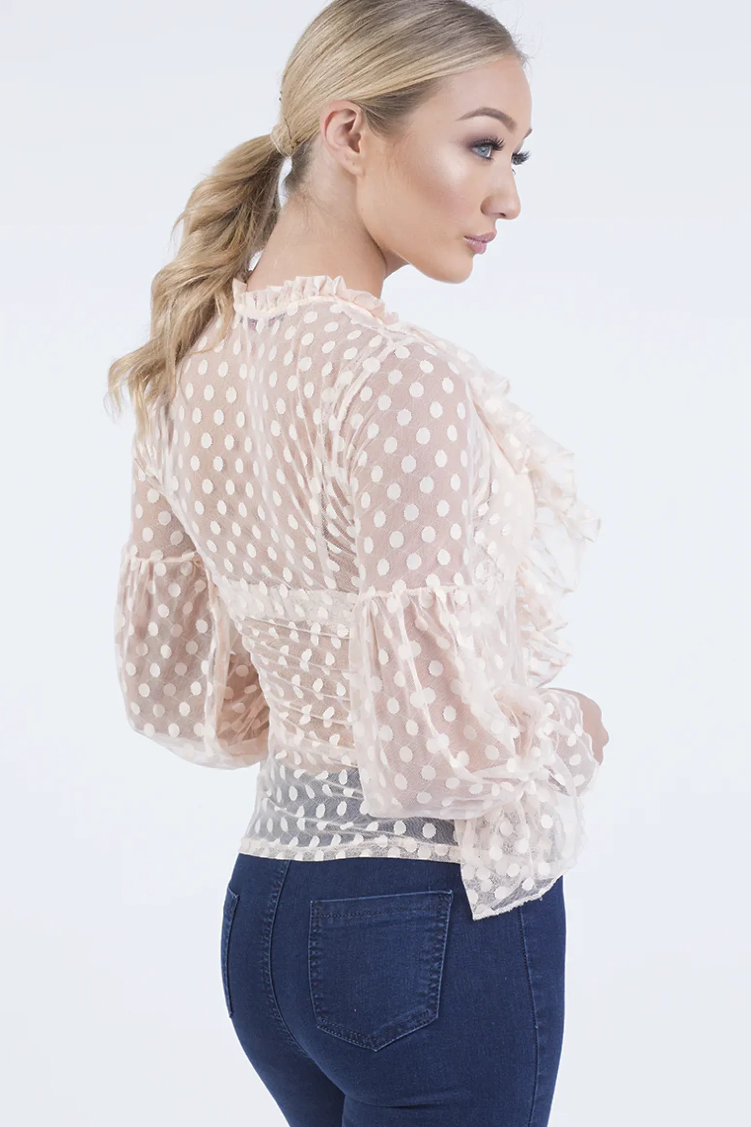 Rebellious Fashion Nude Sheer Polka Dot Frill Blouse - Kaitlin