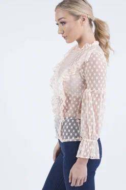 Rebellious Fashion Nude Sheer Polka Dot Frill Blouse - Kaitlin