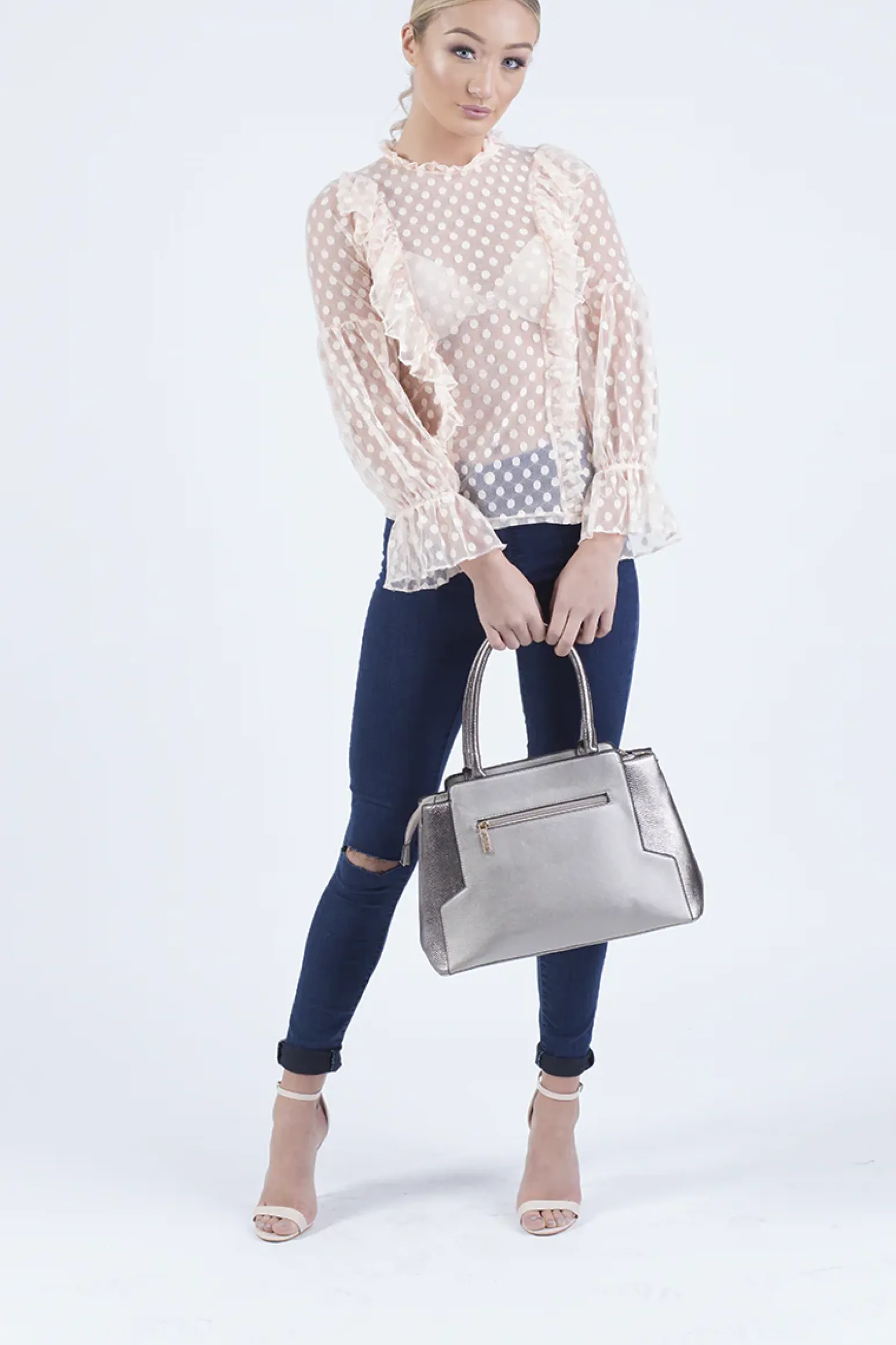 Rebellious Fashion Nude Sheer Polka Dot Frill Blouse - Kaitlin
