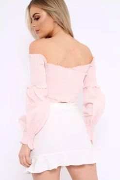 Rebellious Fashion Nude Shirred Bardot Crop Top - Abisha