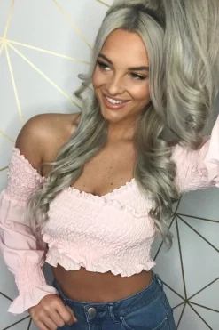 Rebellious Fashion Nude Shirred Bardot Crop Top - Abisha