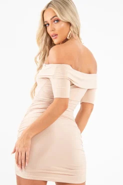 Rebellious Fashion Nude Slinky Ruched Bardot Mini Dress - Sicily