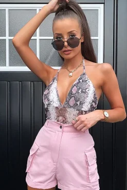 Rebellious Fashion Nude Snake Mesh Plunge Bodysuit - Cecillia