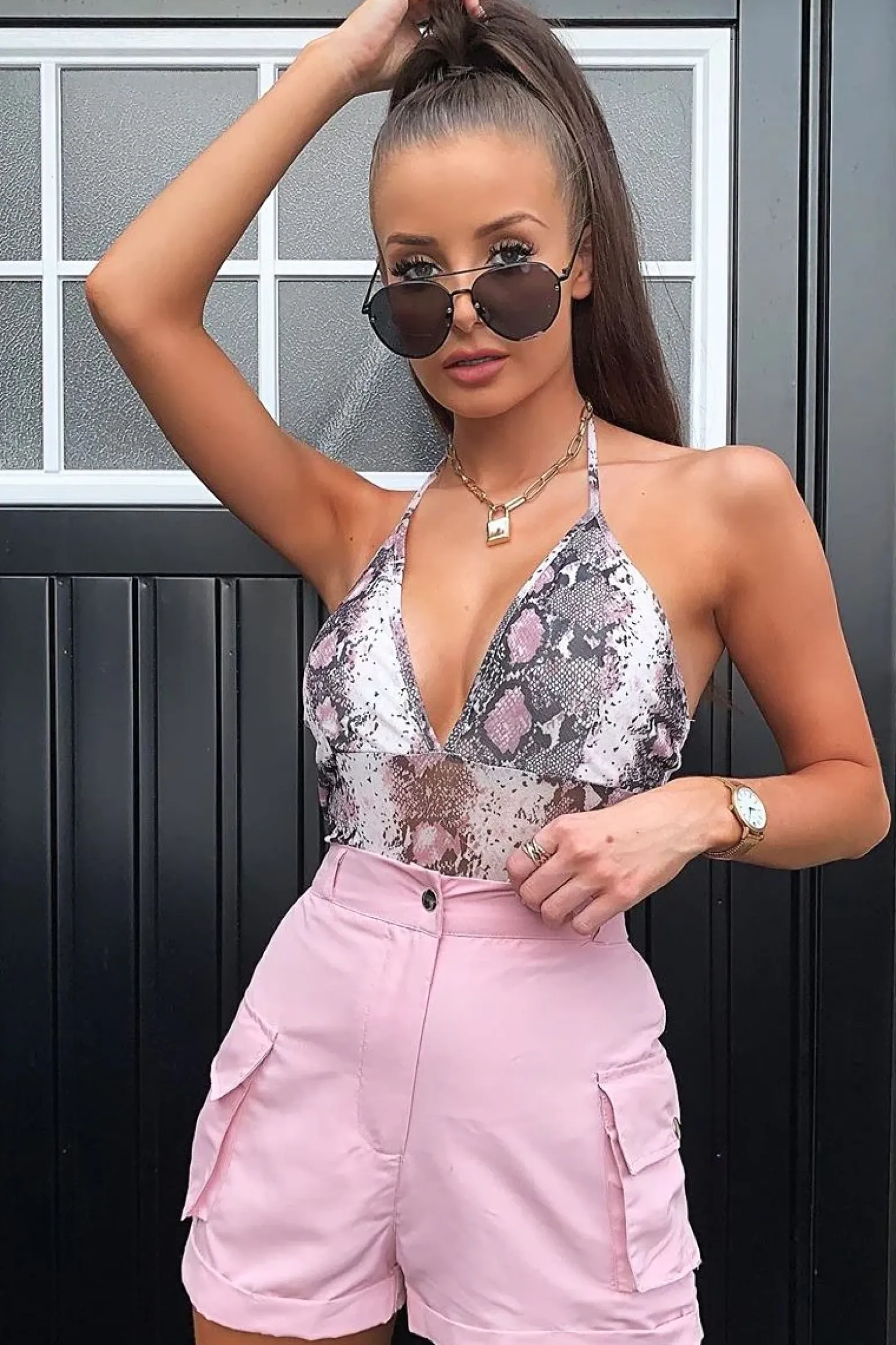 Rebellious Fashion Nude Snake Mesh Plunge Bodysuit - Cecillia