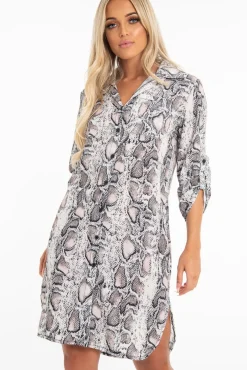 Rebellious Fashion Nude Snake Print Button Down Midi Shirt Dress - Penny