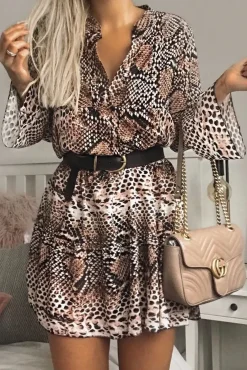 Rebellious Fashion Nude Snake Print Plunge Flute Sleeve Shift Dress - Olesya