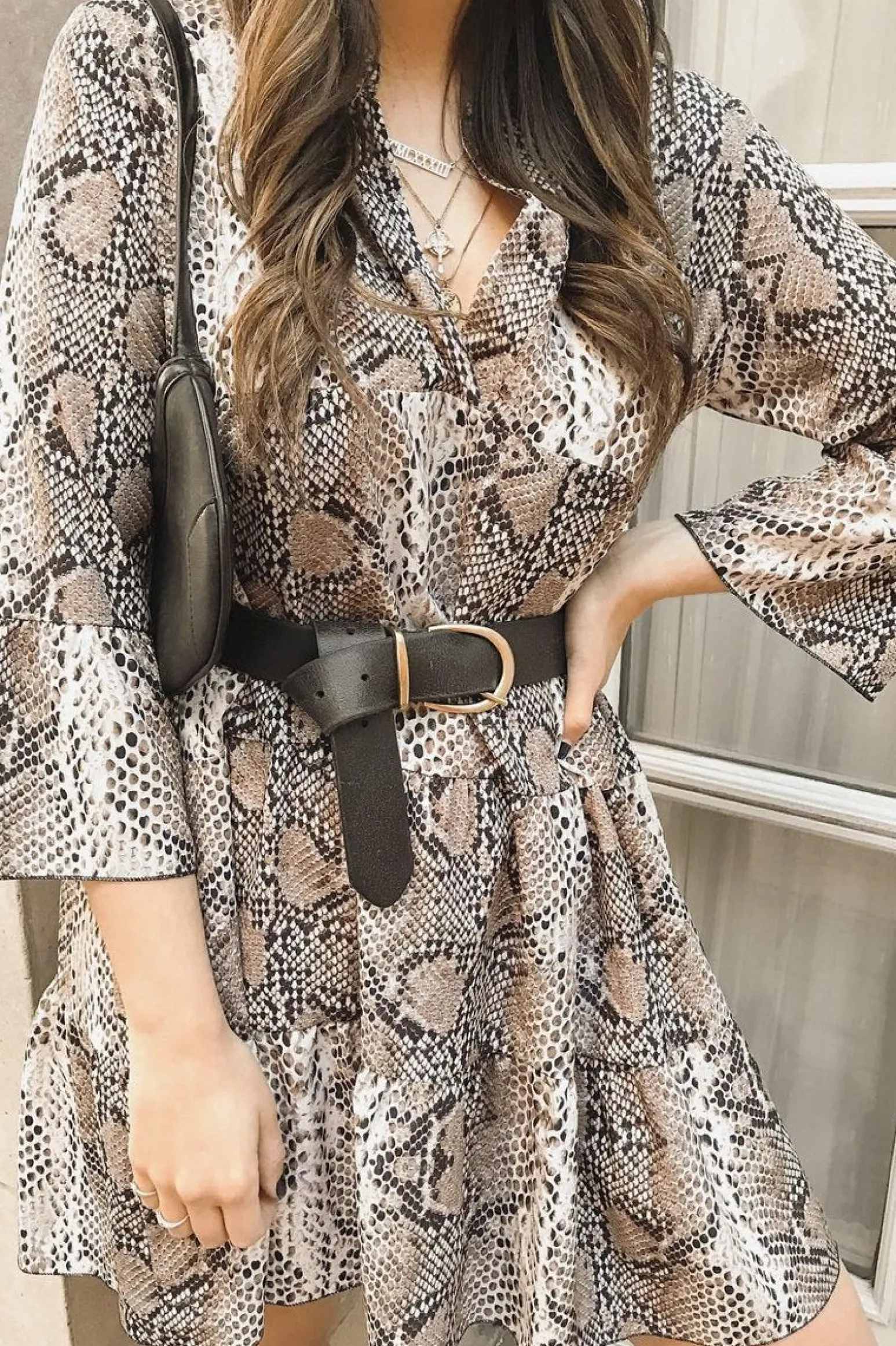 Rebellious Fashion Nude Snake Print Plunge Flute Sleeve Shift Dress - Olesya