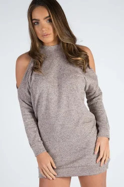 Rebellious Fashion Nude Soft Cold Shoulder Jumper Dress - Tina