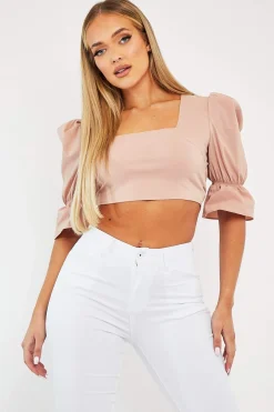 Rebellious Fashion Nude Square Neck Open Back Crop Top - Faisa