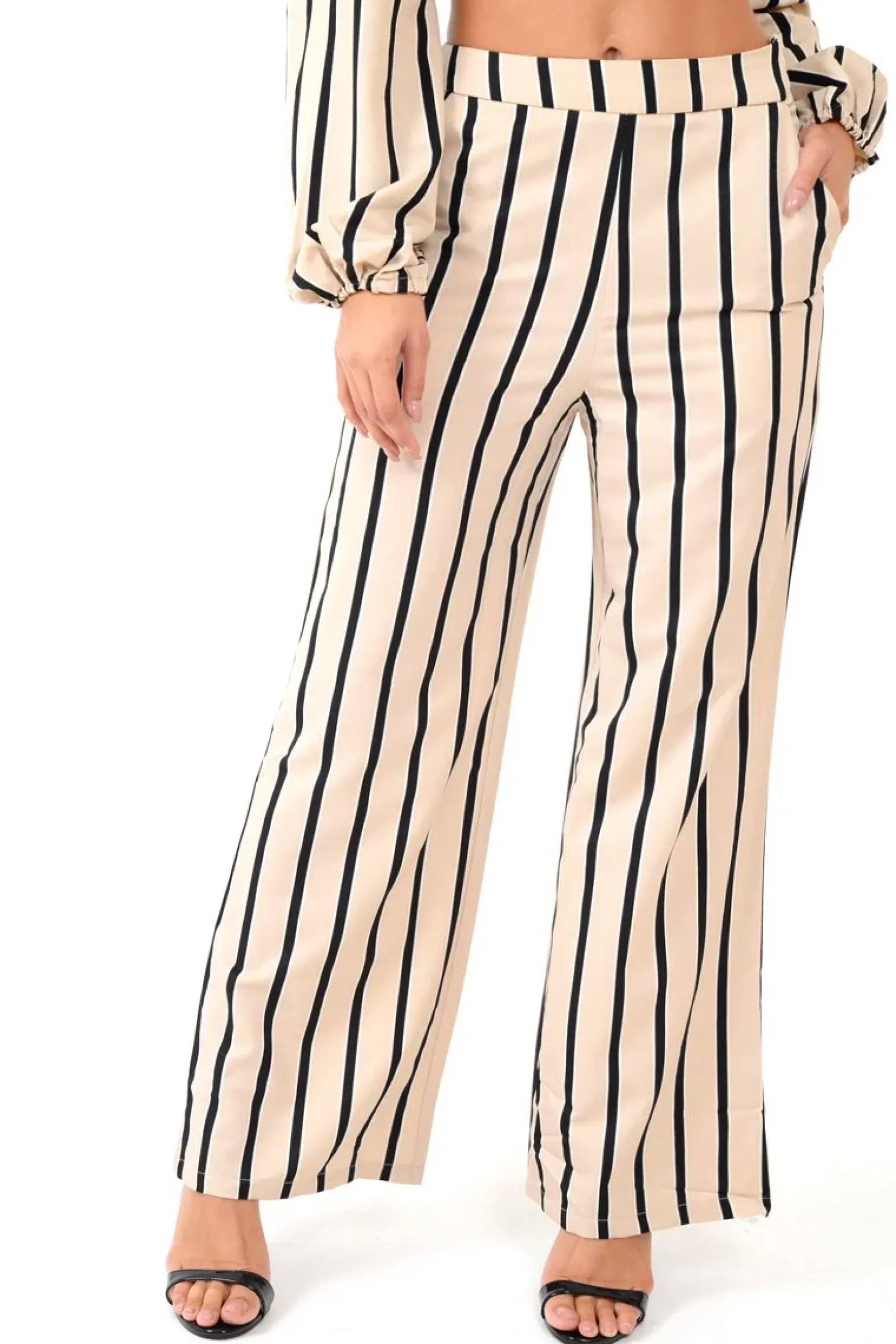 Rebellious Fashion Nude Stripe Bardot Crop Top And Wide Leg Trousers Co-ord - Shiori