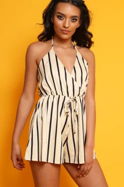 Rebellious Fashion Nude Stripe Cross Front Halterneck Playsuit - Shura
