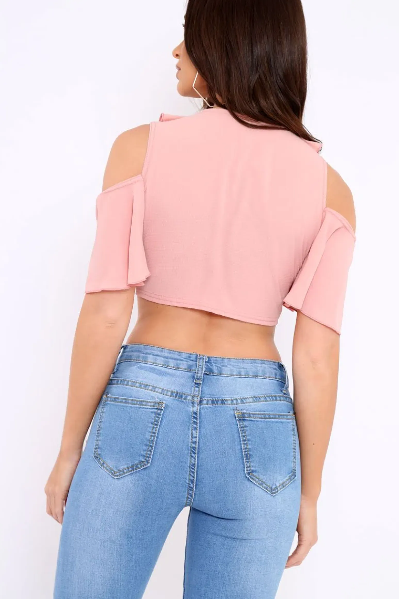 Rebellious Fashion Nude Tie Front Cold Shoulder Crepe Crop Top - Dalia