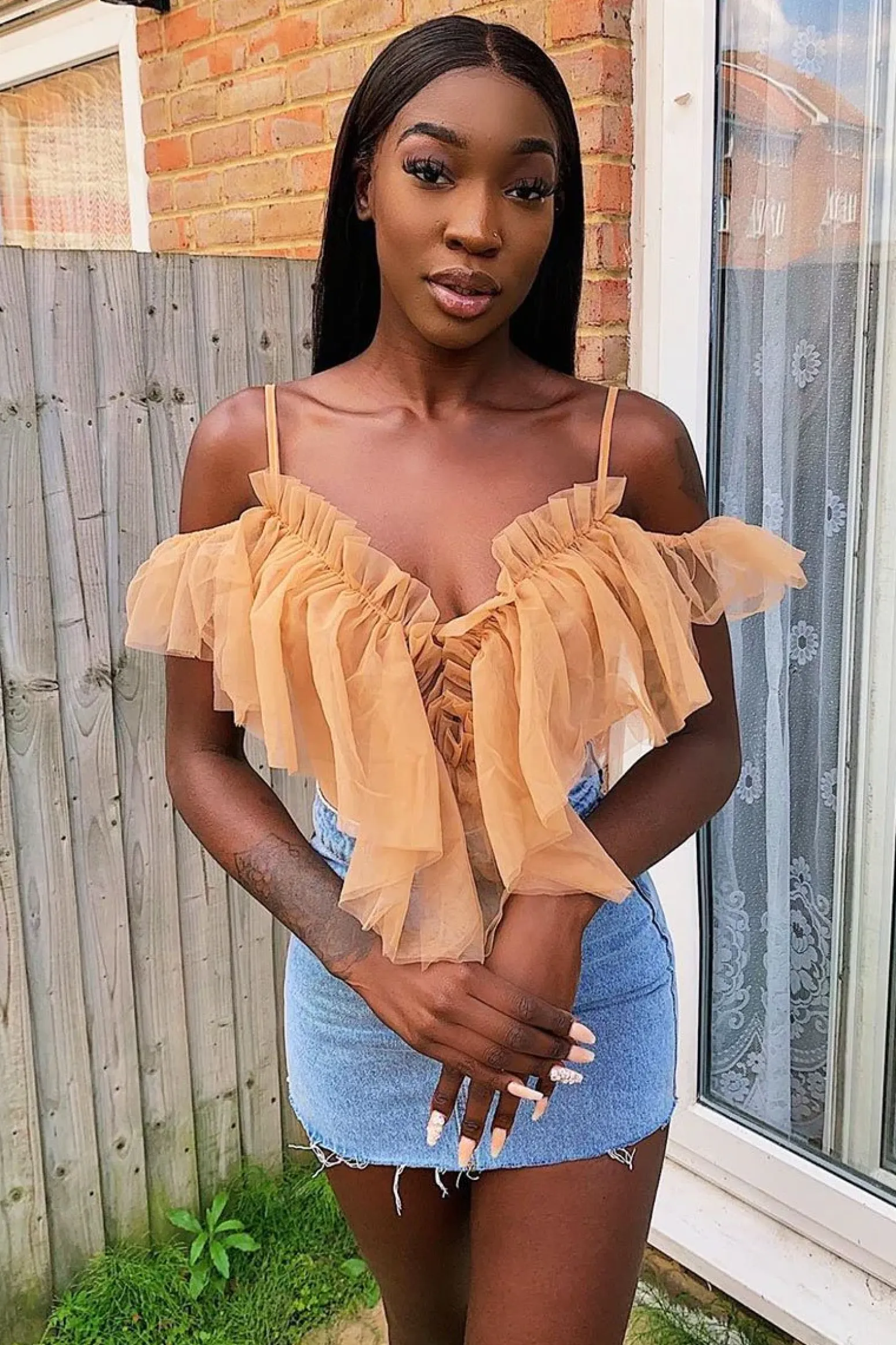 Rebellious Fashion Nude Tulle Ruffle Bodysuit - Irelia