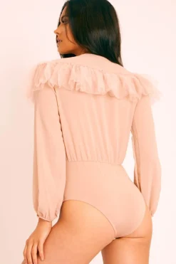 Rebellious Fashion Nude Tulle Ruffle Plunge Bodysuit - Jolie