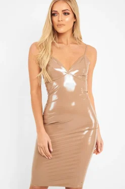 Rebellious Fashion Nude Vinyl Plunge Midi Dress - Manuela