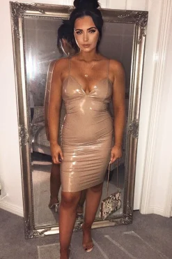 Rebellious Fashion Nude Vinyl Plunge Midi Dress - Manuela