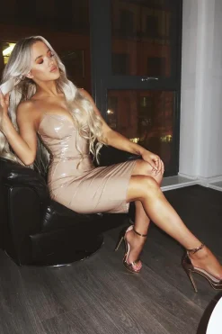 Rebellious Fashion Nude Vinyl Plunge Midi Dress - Manuela