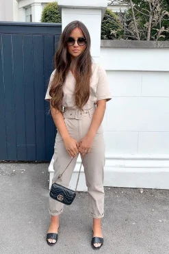 Rebellious Fashion Nude Woven Button Front Belted Jumpsuit - Suzanna