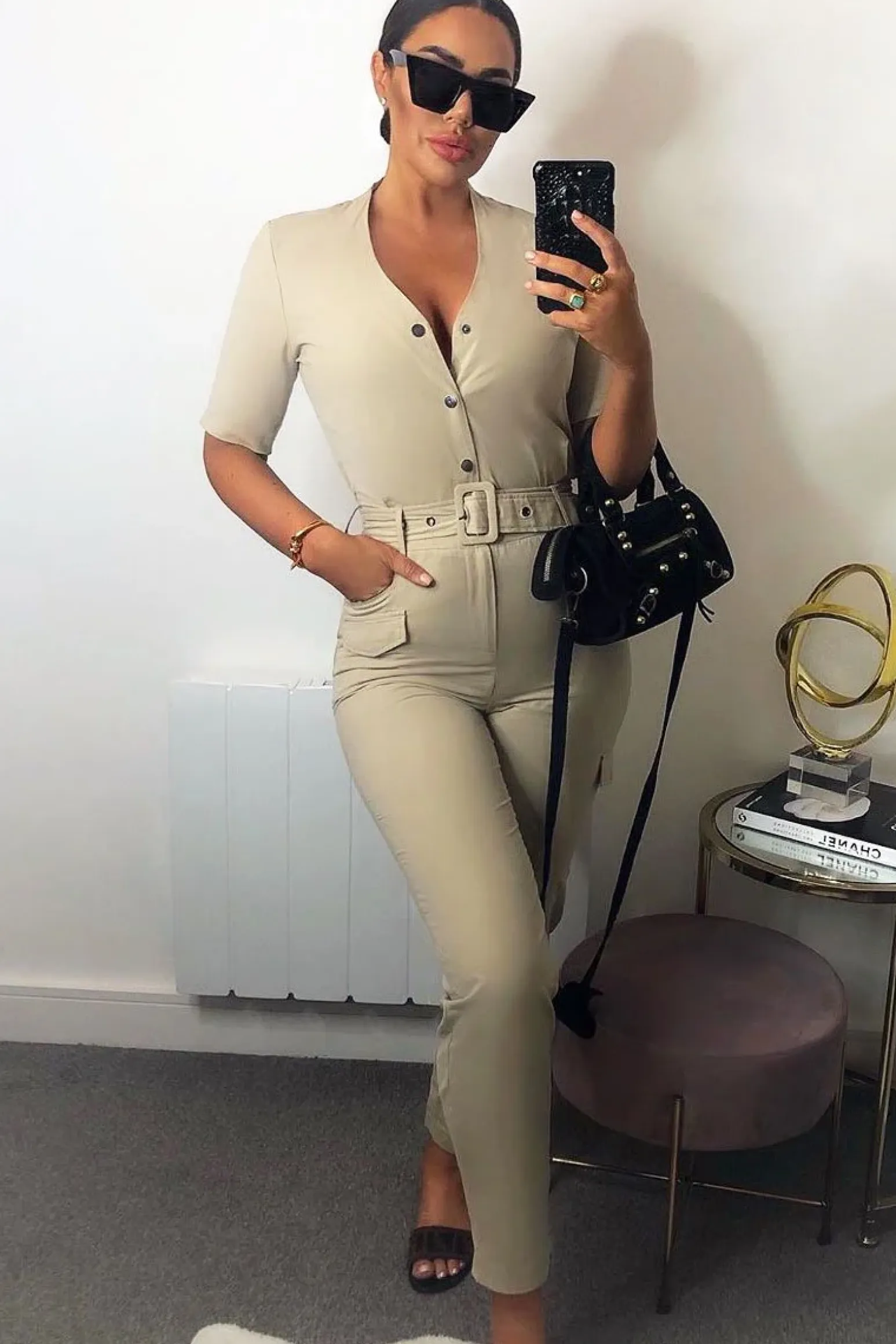 Rebellious Fashion Nude Woven Button Front Belted Jumpsuit - Suzanna