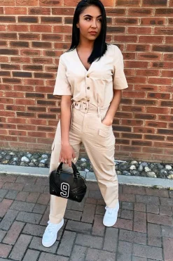 Rebellious Fashion Nude Woven Button Front Belted Jumpsuit - Suzanna