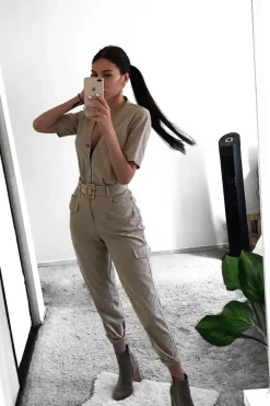Rebellious Fashion Nude Woven Button Front Belted Jumpsuit - Suzanna