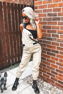 Rebellious Fashion Nude Woven Leather Eyelet Detail Cuffed Dungarees - Sigrid