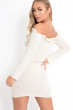 Rebellious Fashion Oatmeal Rib Bardot Button Mini Dress - Dailin