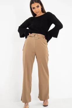 Rebellious Fashion Olive Crepe Wide Leg O Ring Belted Trousers - Jaselle