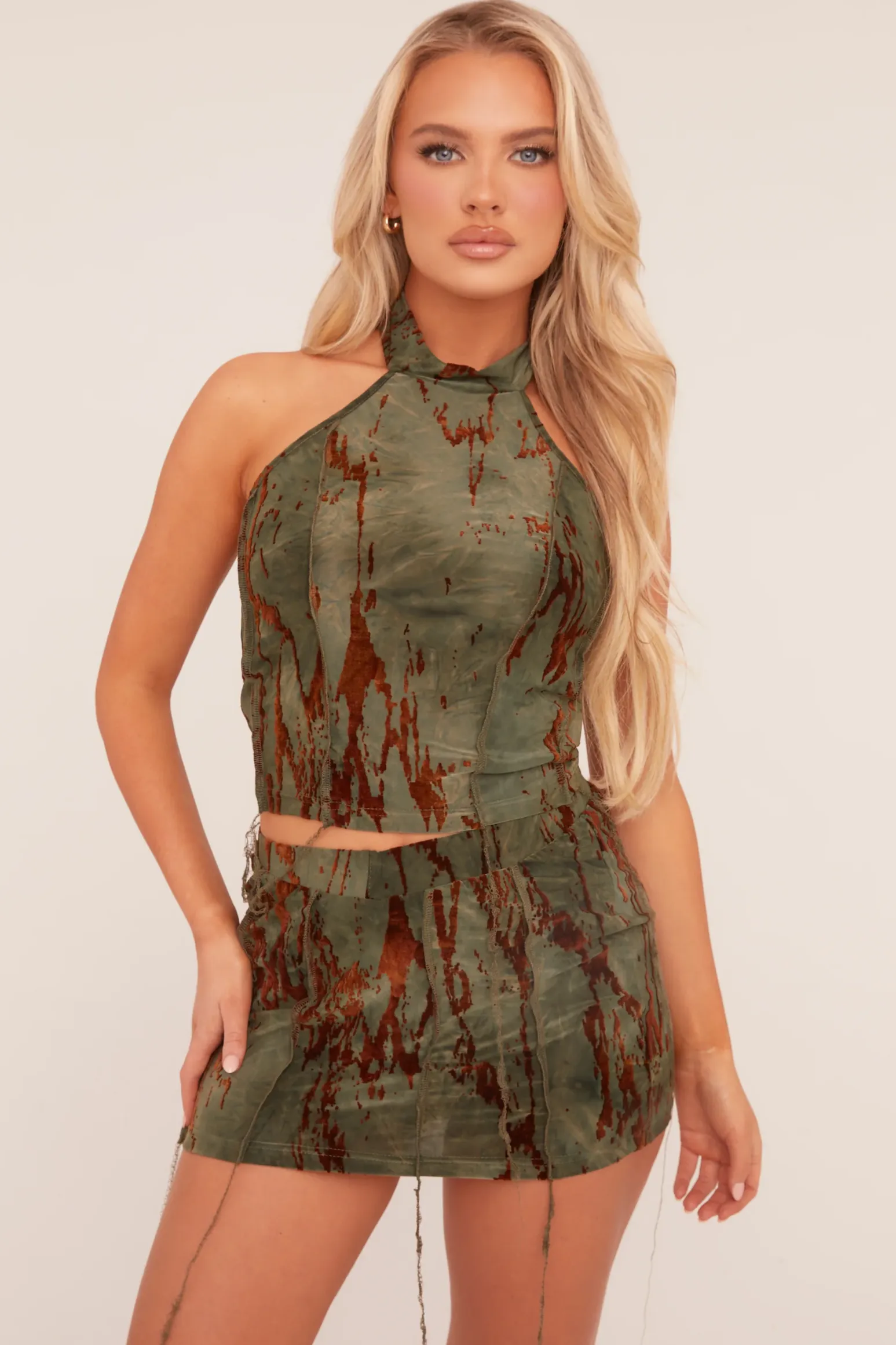 Rebellious Fashion Olive Flock Print High Neck Top & Mini Skirt Co-ord Set - Arianne