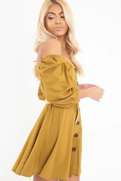 Rebellious Fashion Olive Green Button Front Skater Dress - Candice