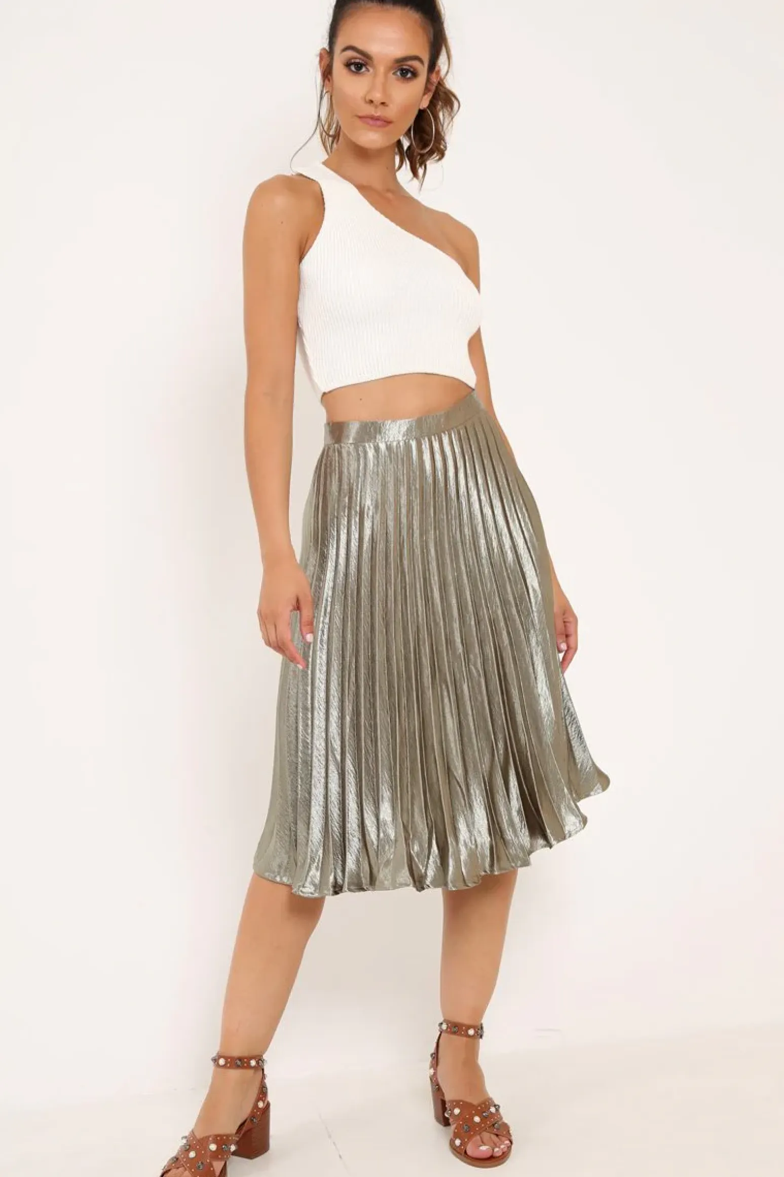Rebellious Fashion Olive Satin Pleated Midi Skirt - Kelyn