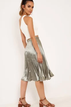 Rebellious Fashion Olive Satin Pleated Midi Skirt - Kelyn