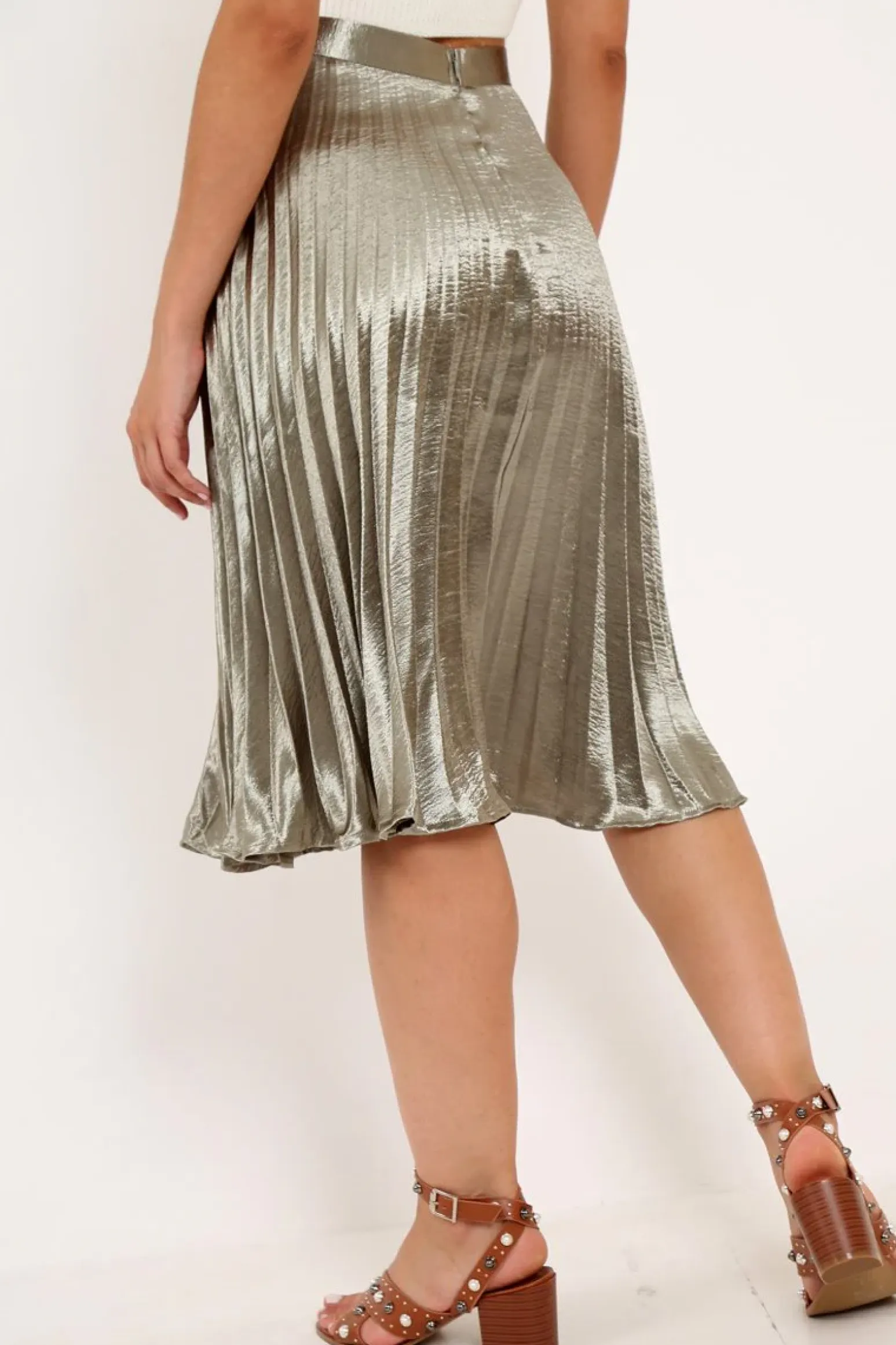 Rebellious Fashion Olive Satin Pleated Midi Skirt - Kelyn