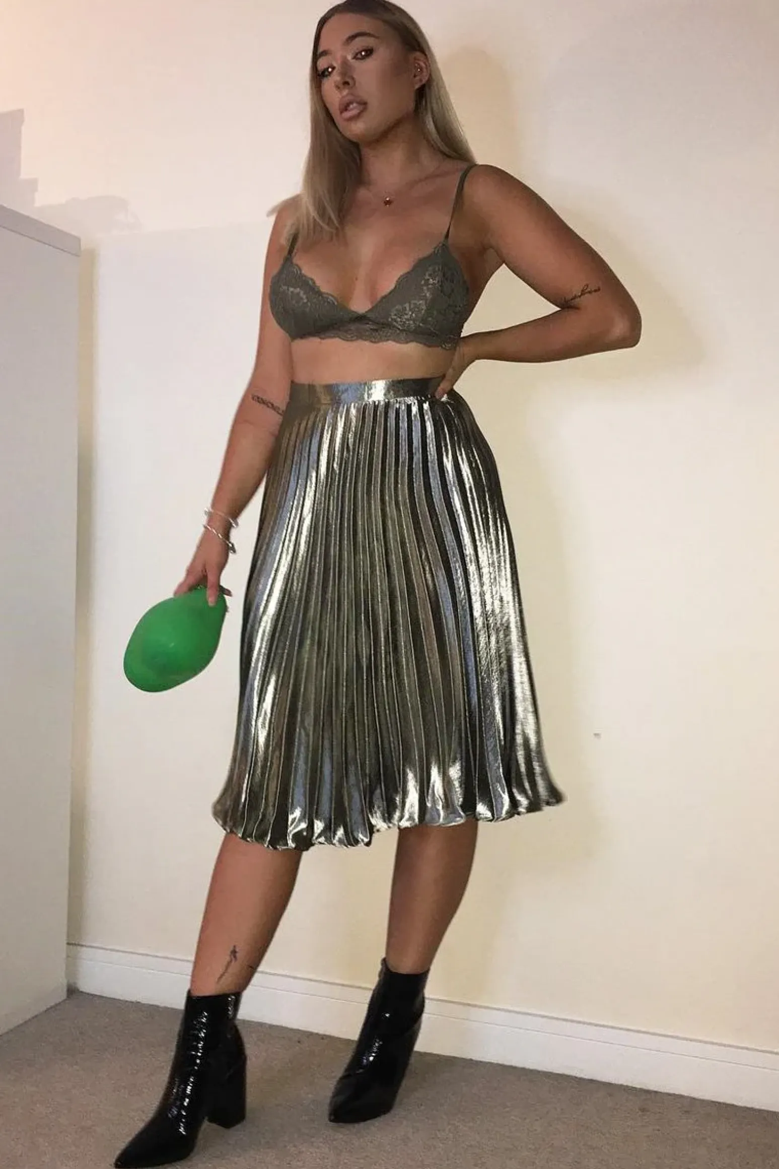 Rebellious Fashion Olive Satin Pleated Midi Skirt - Kelyn