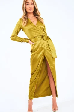 Rebellious Fashion Olive Satin Plunge Wrap Front Maxi Dress - Beni