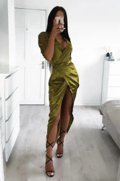 Rebellious Fashion Olive Satin Plunge Wrap Front Maxi Dress - Beni