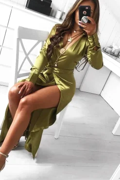 Rebellious Fashion Olive Satin Plunge Wrap Front Maxi Dress - Beni