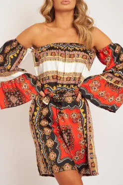 Rebellious Fashion Orange Black Bardot Belted Scarf Print Dress - Kessa