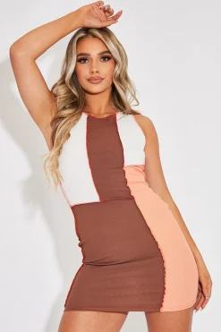 Rebellious Fashion Orange Colour Block Contrast Stitch Mini Dress - Jahlia