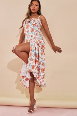 Rebellious Fashion Orange Floral Print Shirred Bust Midi Dress - Renita